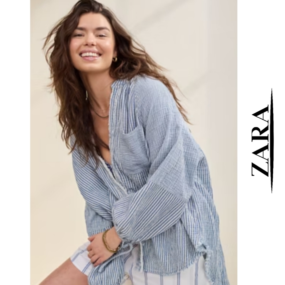 🆕️ Zara TRF Blue & White Stripes Shirt Dress. A-Line (Cotton-Linen) NWOT